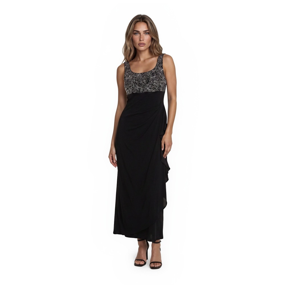 Alex Evenings Dress Gown Women's Size 6 Black Sequin Bodice Ruffle Formal Long